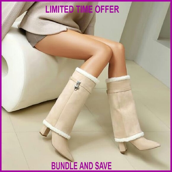 Fold Over Boots with Padlock Mid Calf Pointed Toe Chunky Heel Fur Collar - Picture 4 of 8